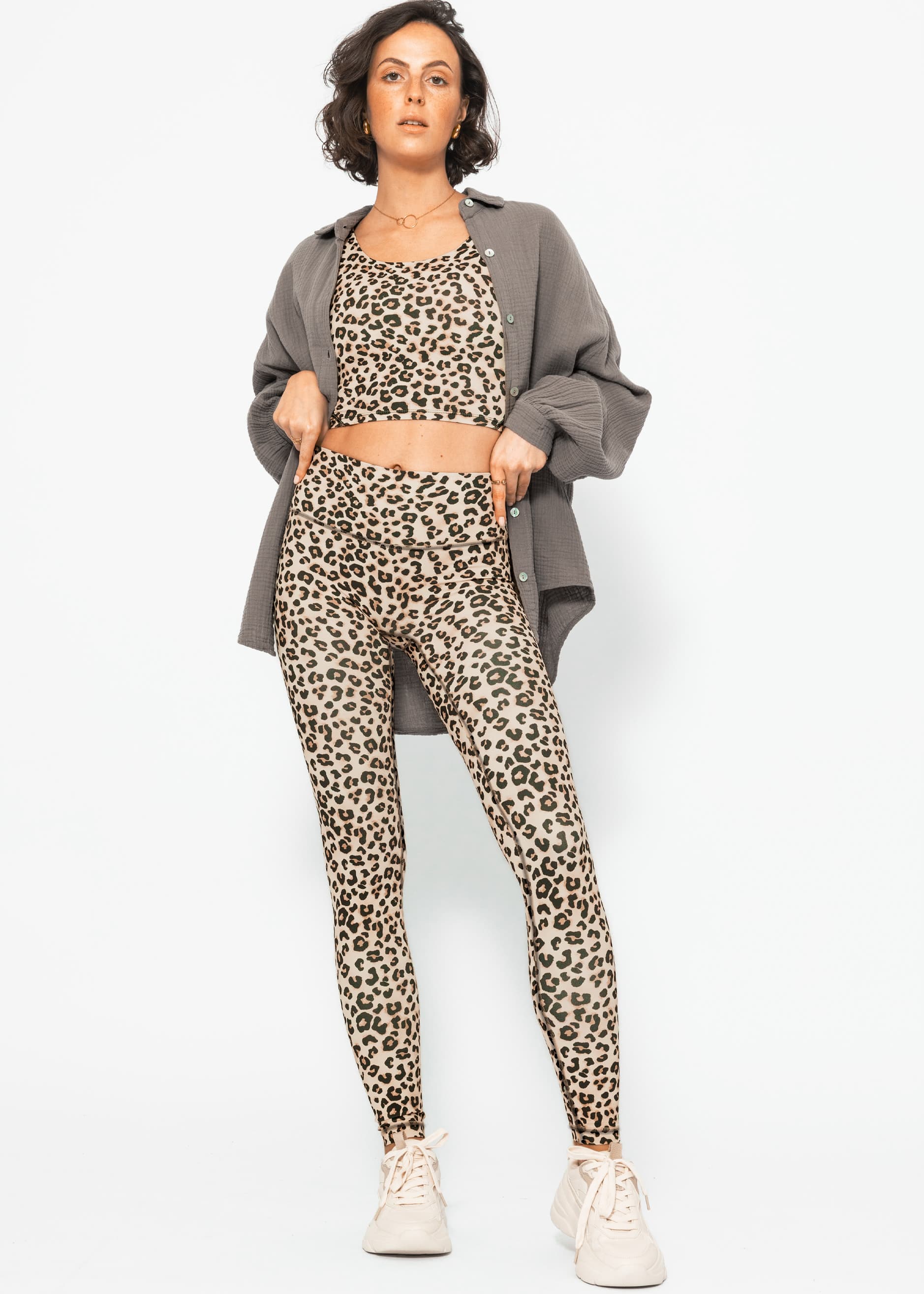 High-waisted sports leggings with leopard print - beige - Image 5
