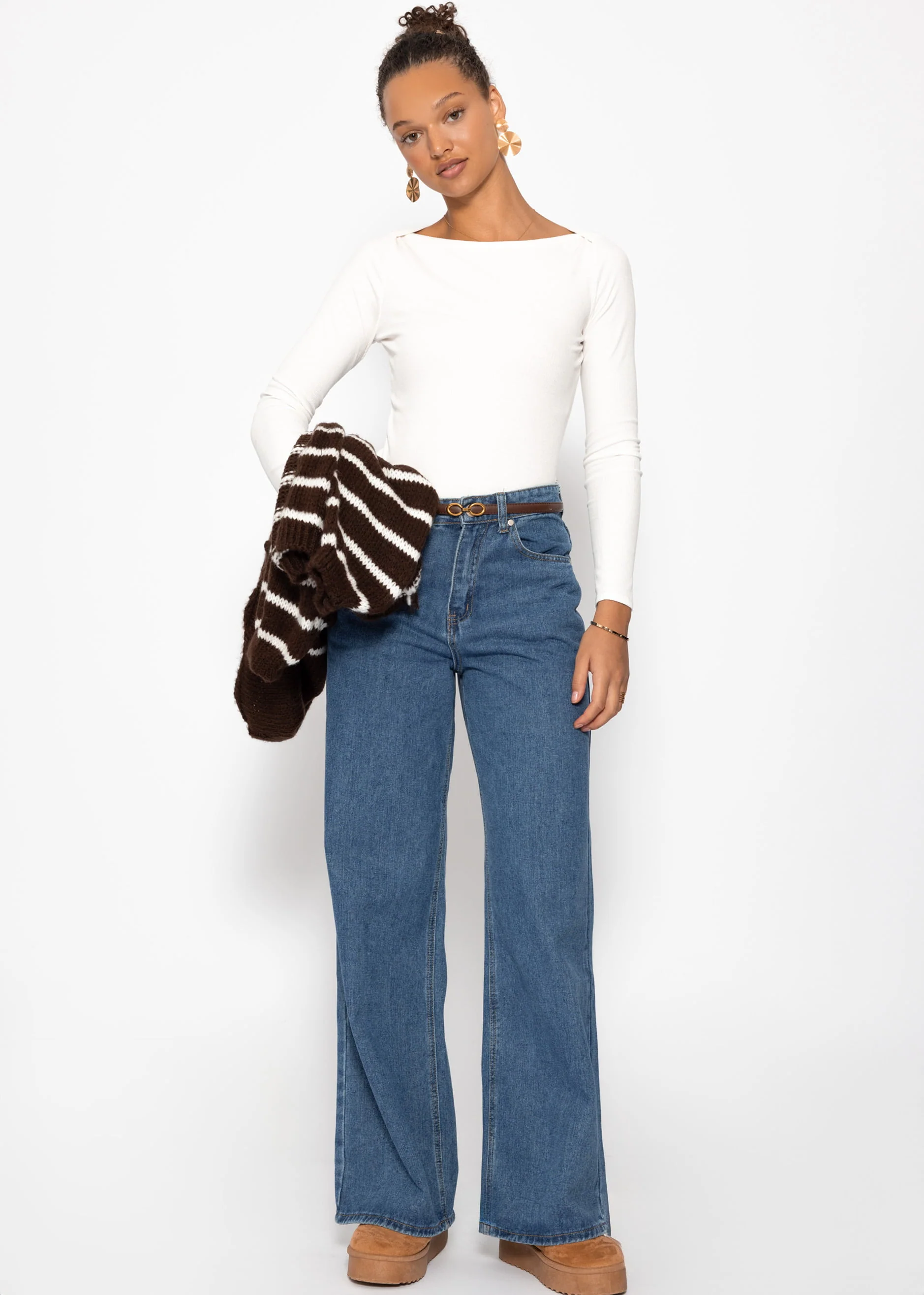 Long-sleeved shirt with boat neck - off-white - Image 3