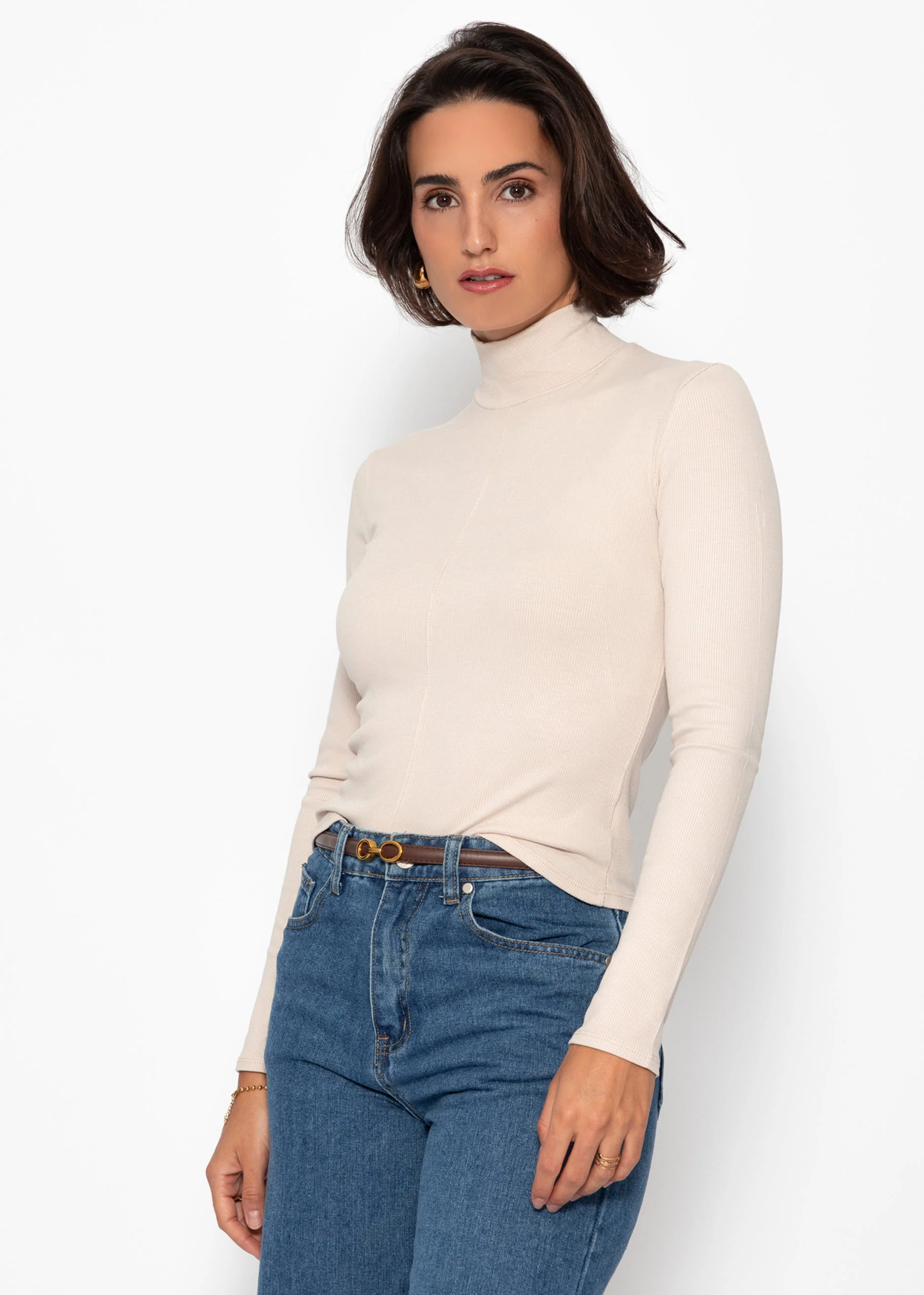 Long-sleeved shirt with turtleneck and piping - beige - Image 3