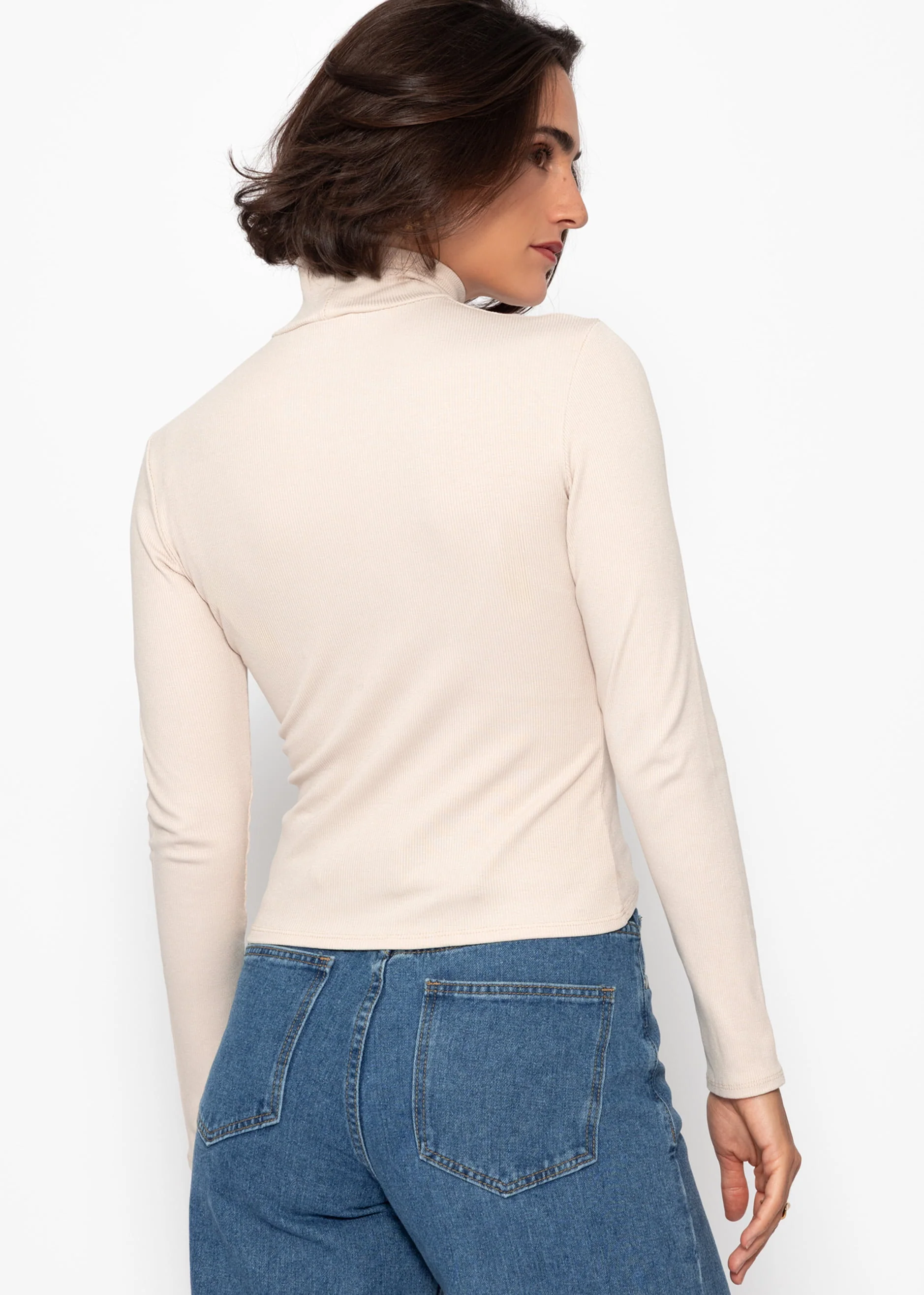 Long-sleeved shirt with turtleneck and piping - beige - Image 5