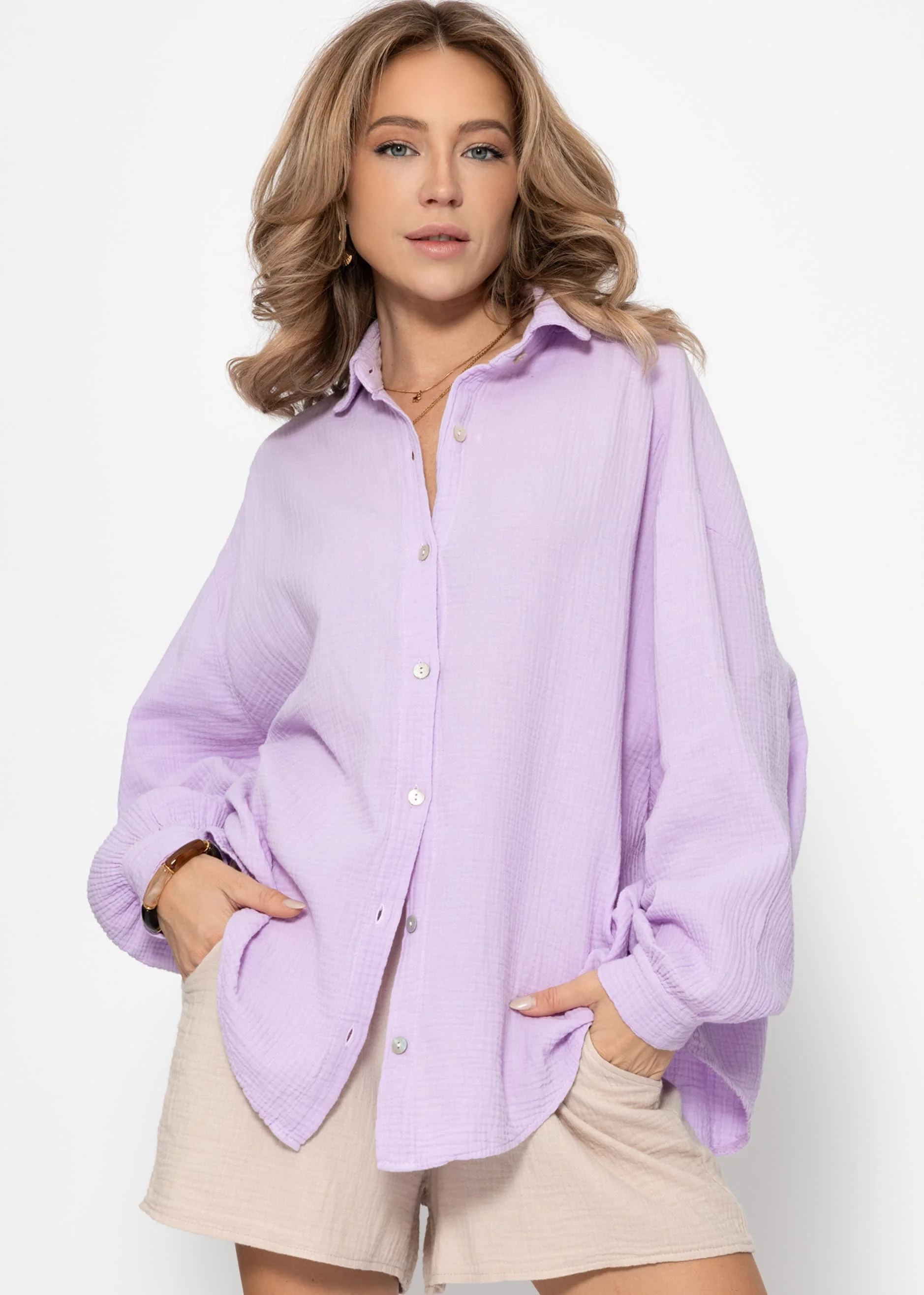 Muslin blouse oversize, short, lilac - Image 5