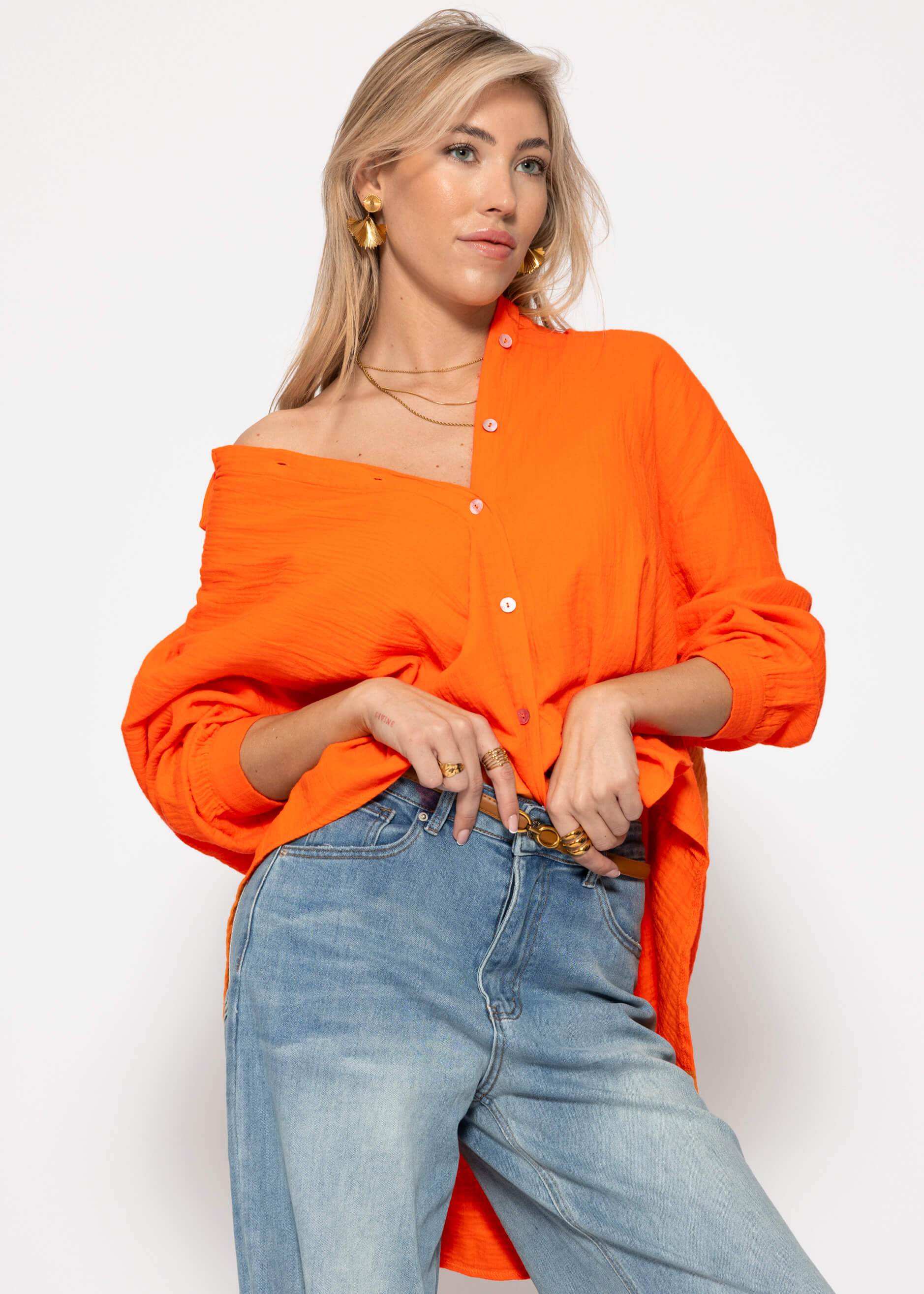 Muslin blouse oversize, short, orange - Image 4