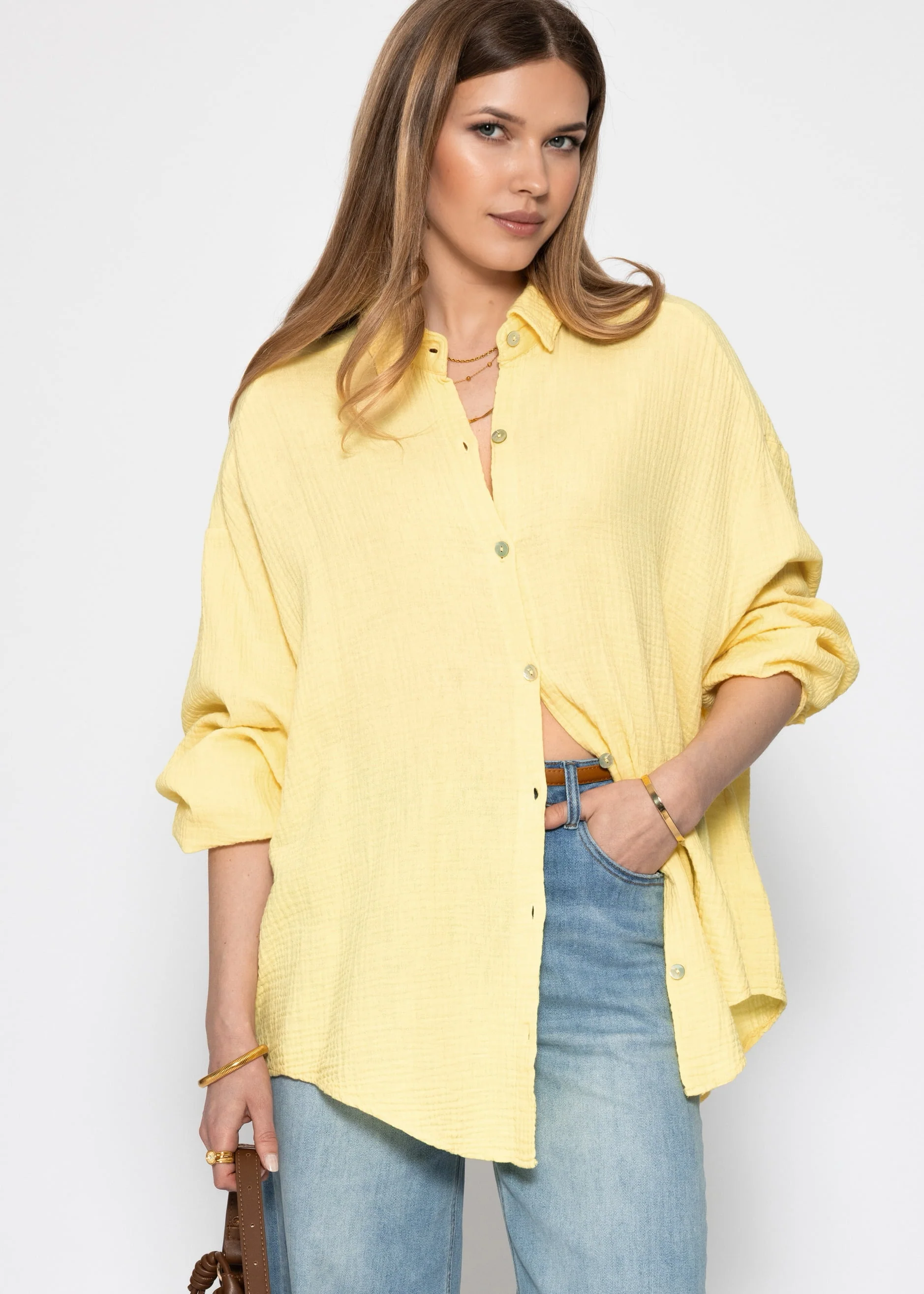 Muslin blouse oversize, short, yellow - Image 5