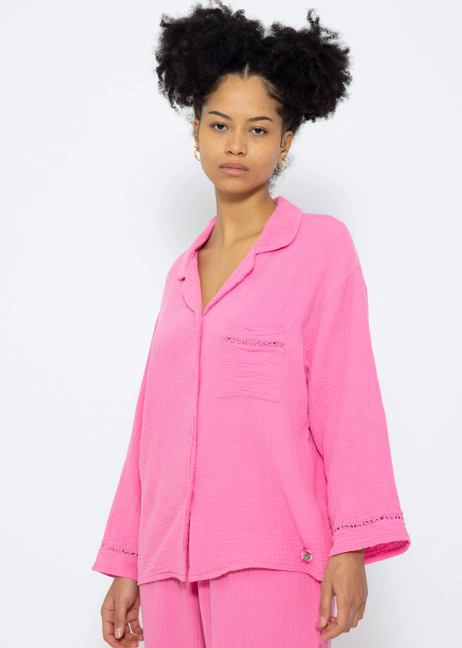 Muslin pajama blouse with lace trim - pink - Image 3