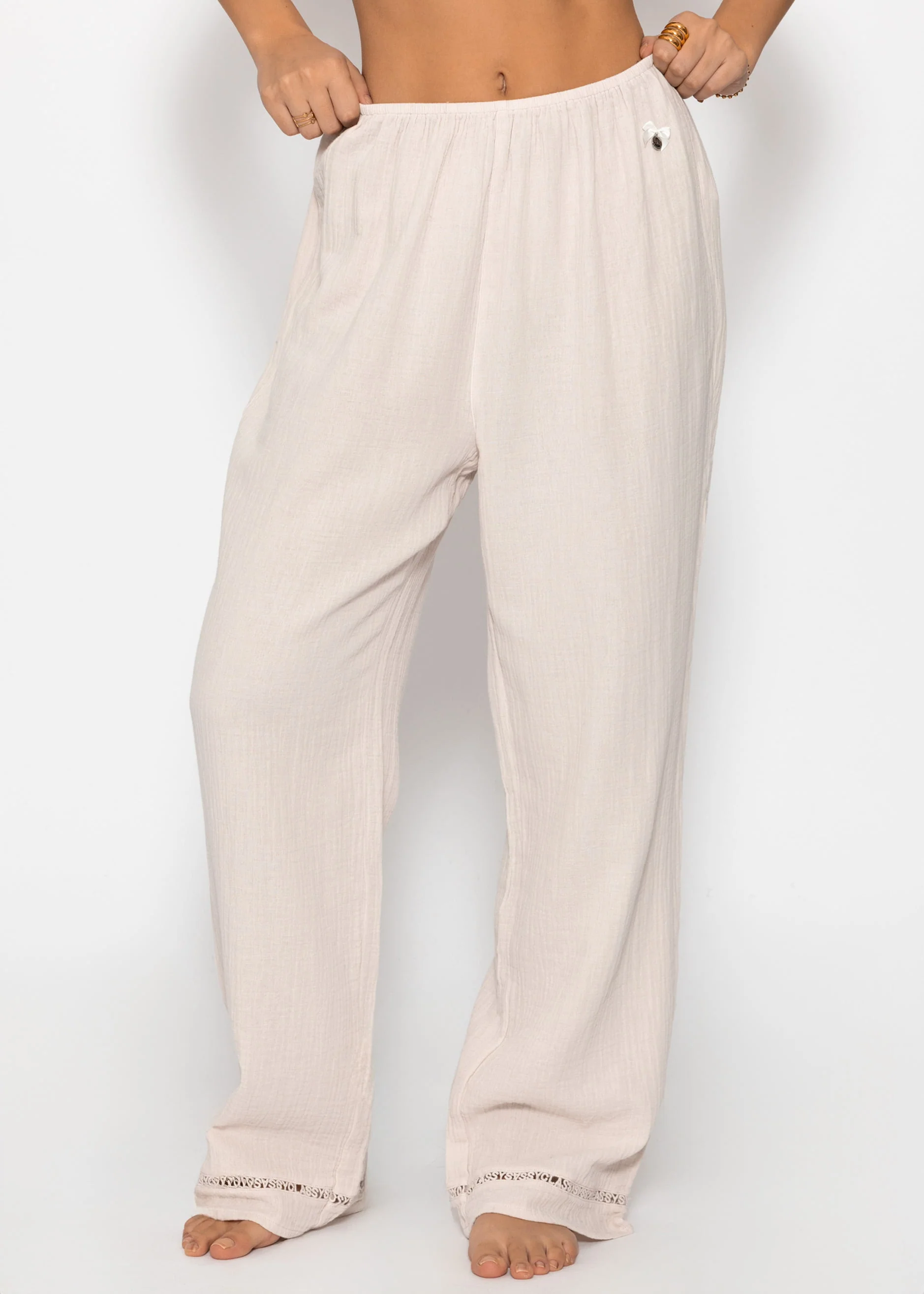 Muslin pajama pants with lace trim - light beige - Image 3