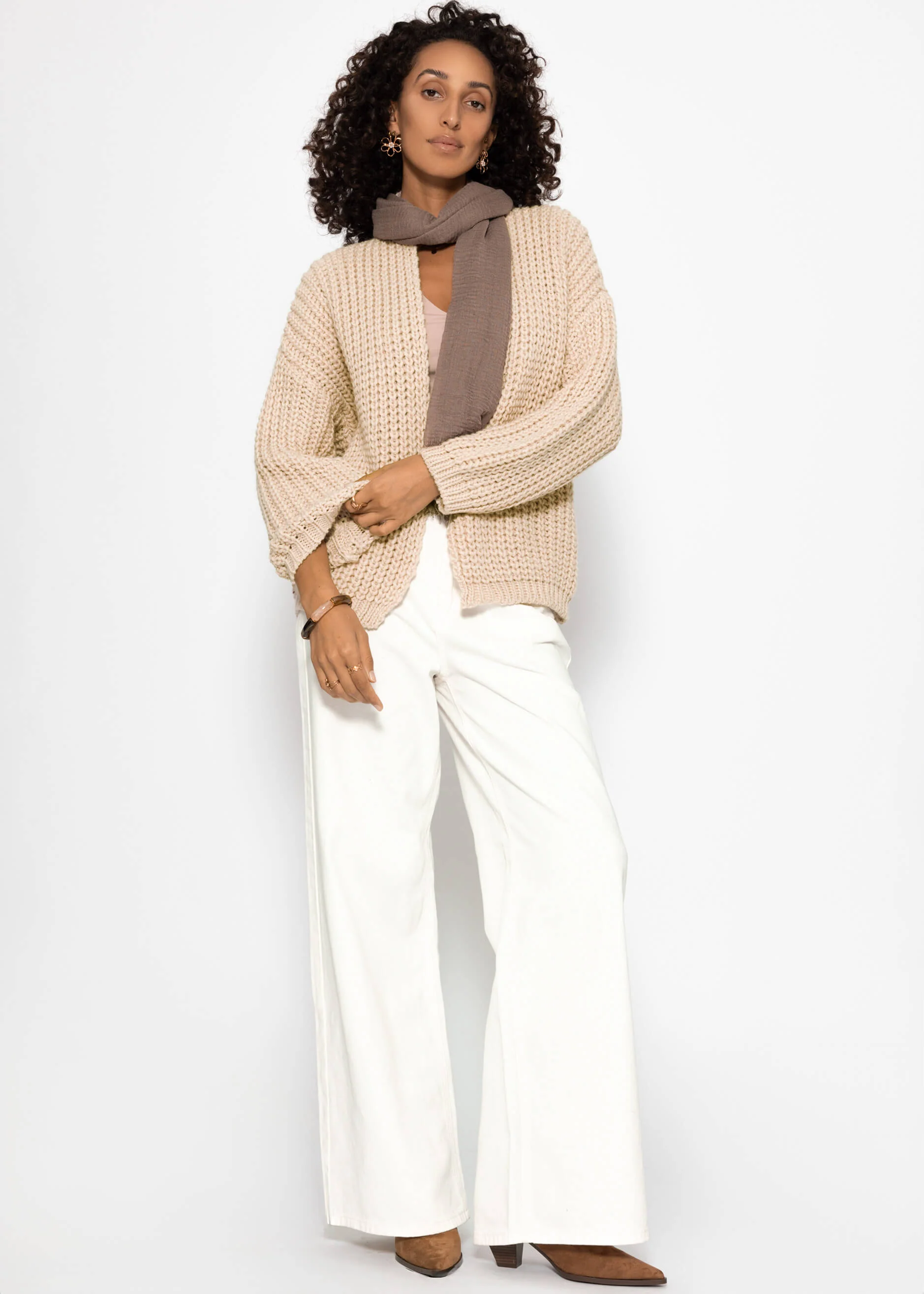 Open coarse -knit cardigan - beige - Image 4