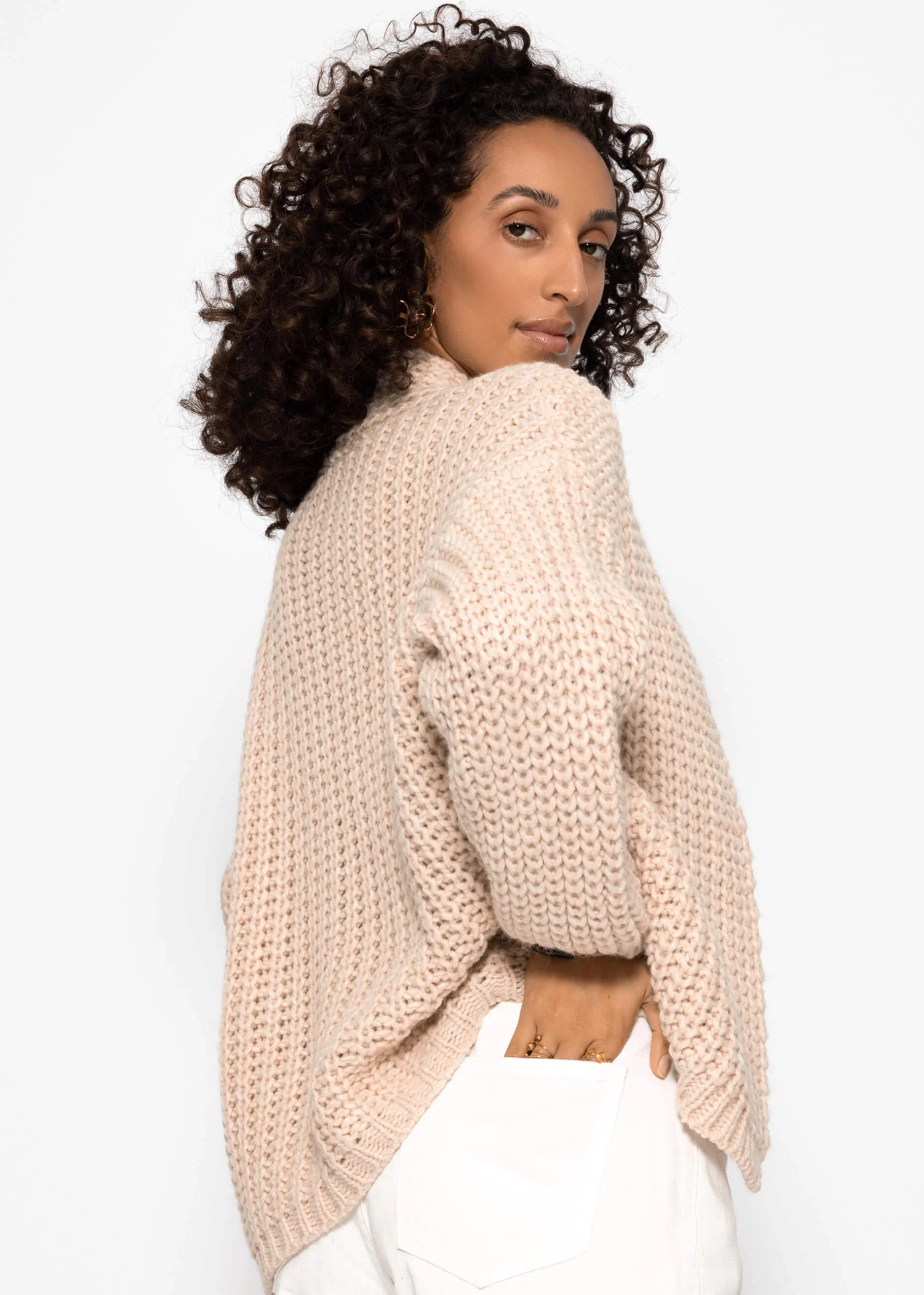 Open coarse -knit cardigan - beige - Image 5