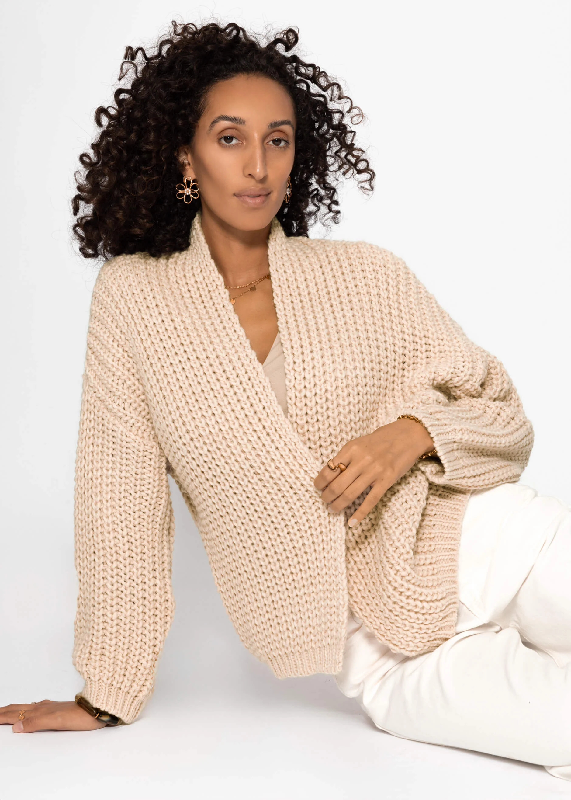Open coarse -knit cardigan - beige - Image 6