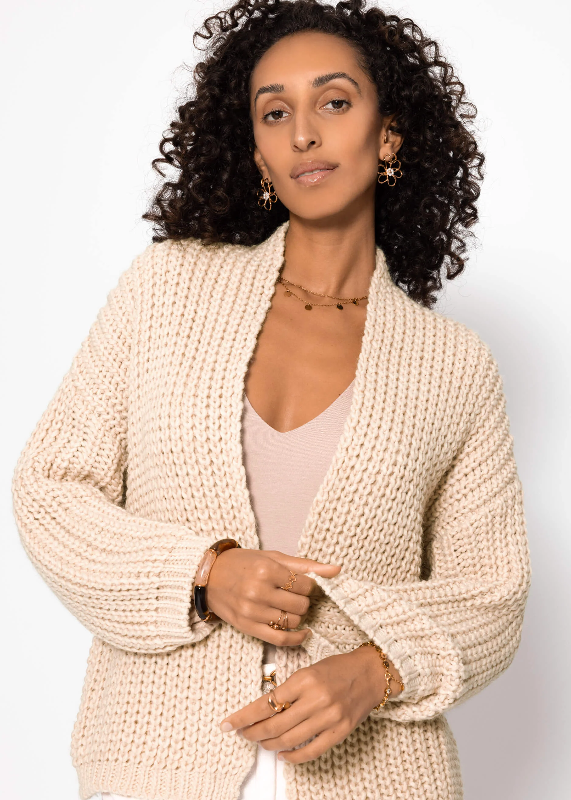 Open coarse -knit cardigan - beige - Image 7