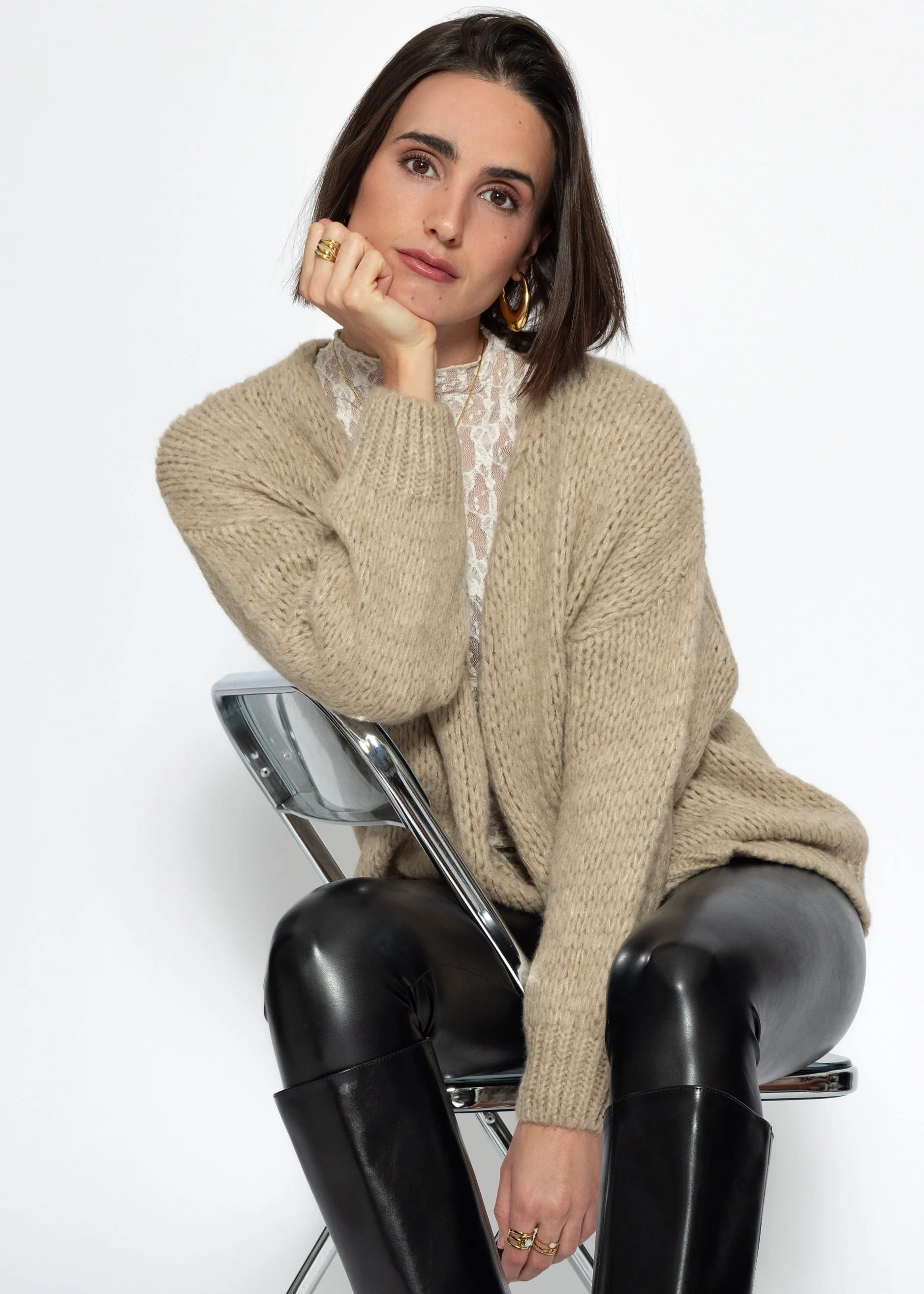 Oversized cardigan - beige - Image 3