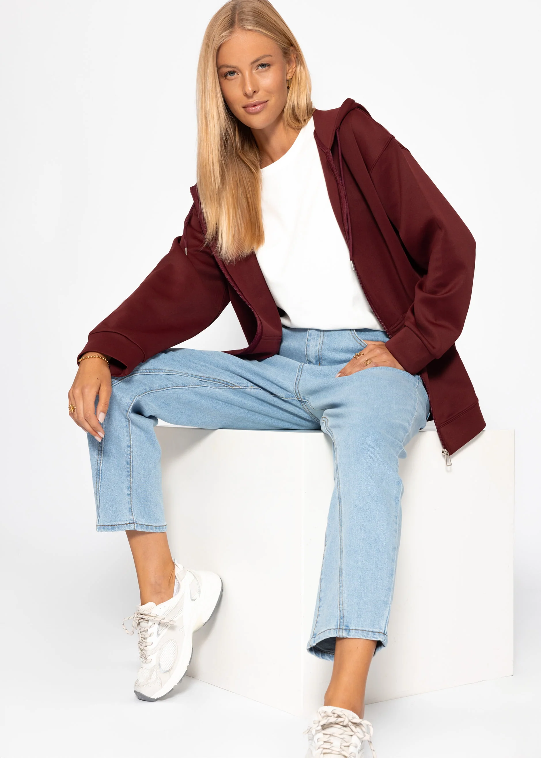 Oversized hooded sweatshirt jacket - burgundy - Image 3