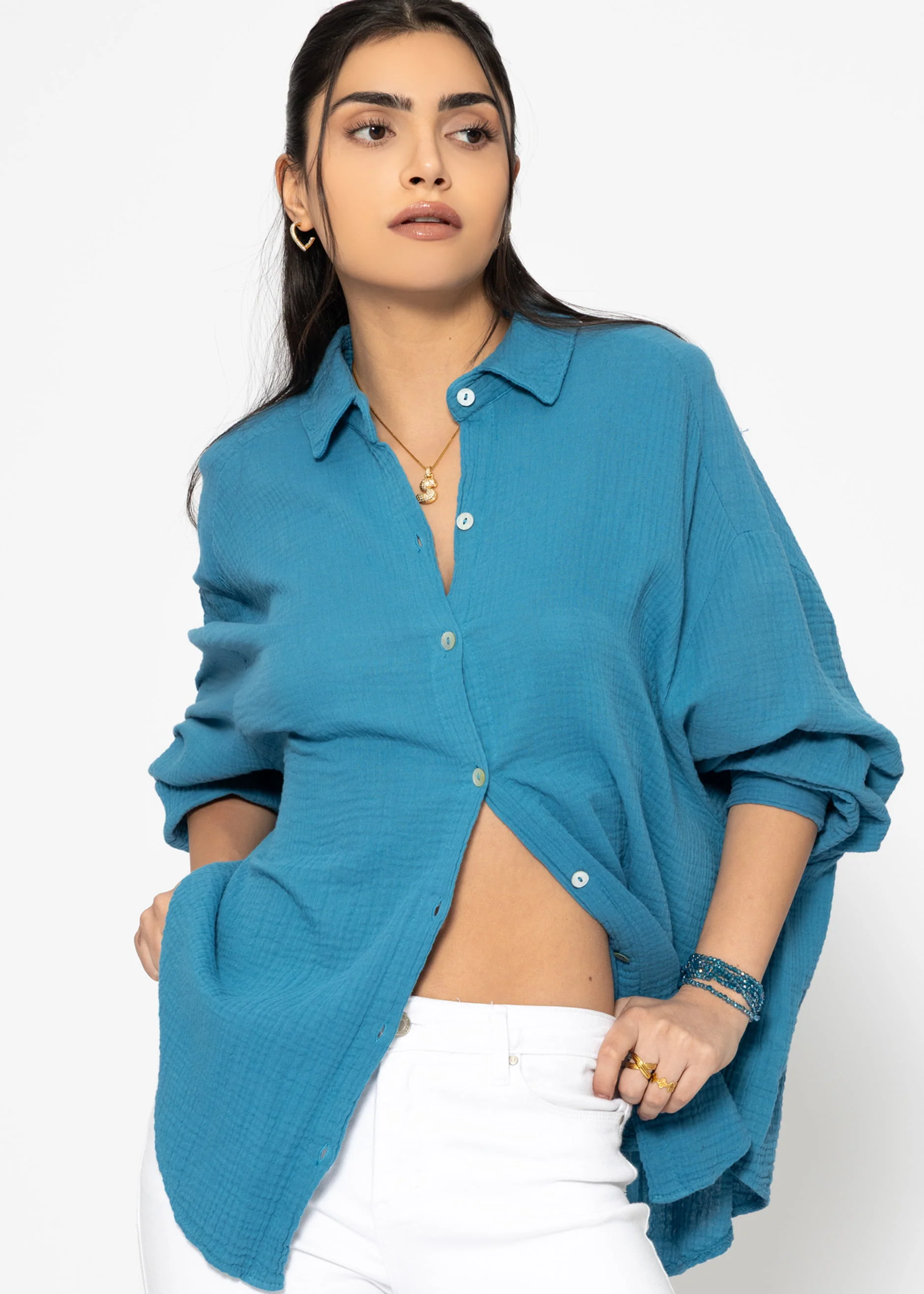 Muslin blouse oversize, short, petrol blue - Image 3