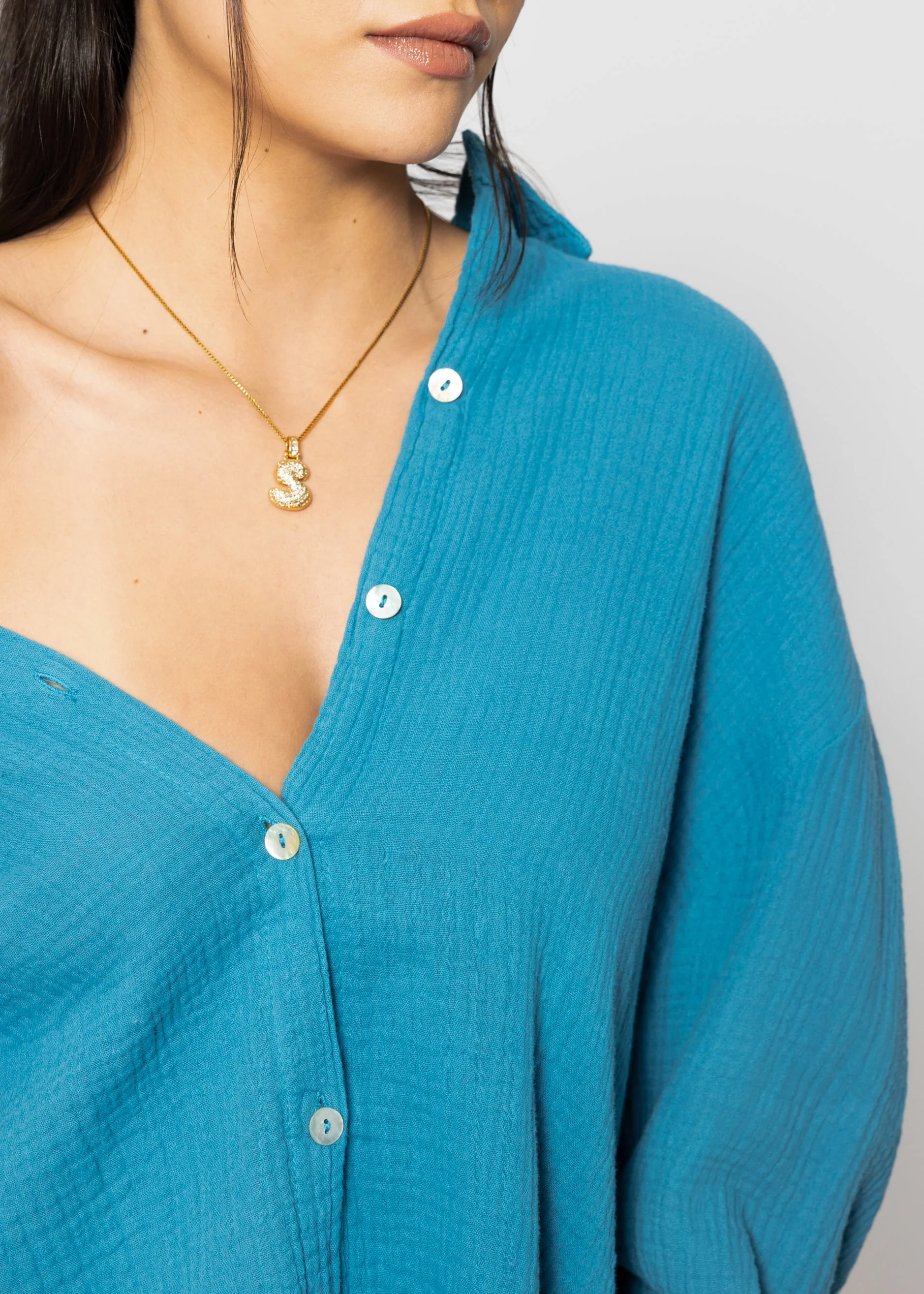 Muslin blouse oversize, short, petrol blue - Image 7