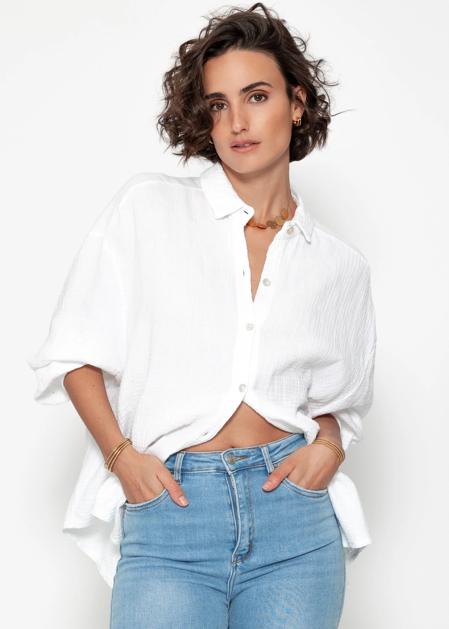 Muslin blouse oversize, short, white - Image 3