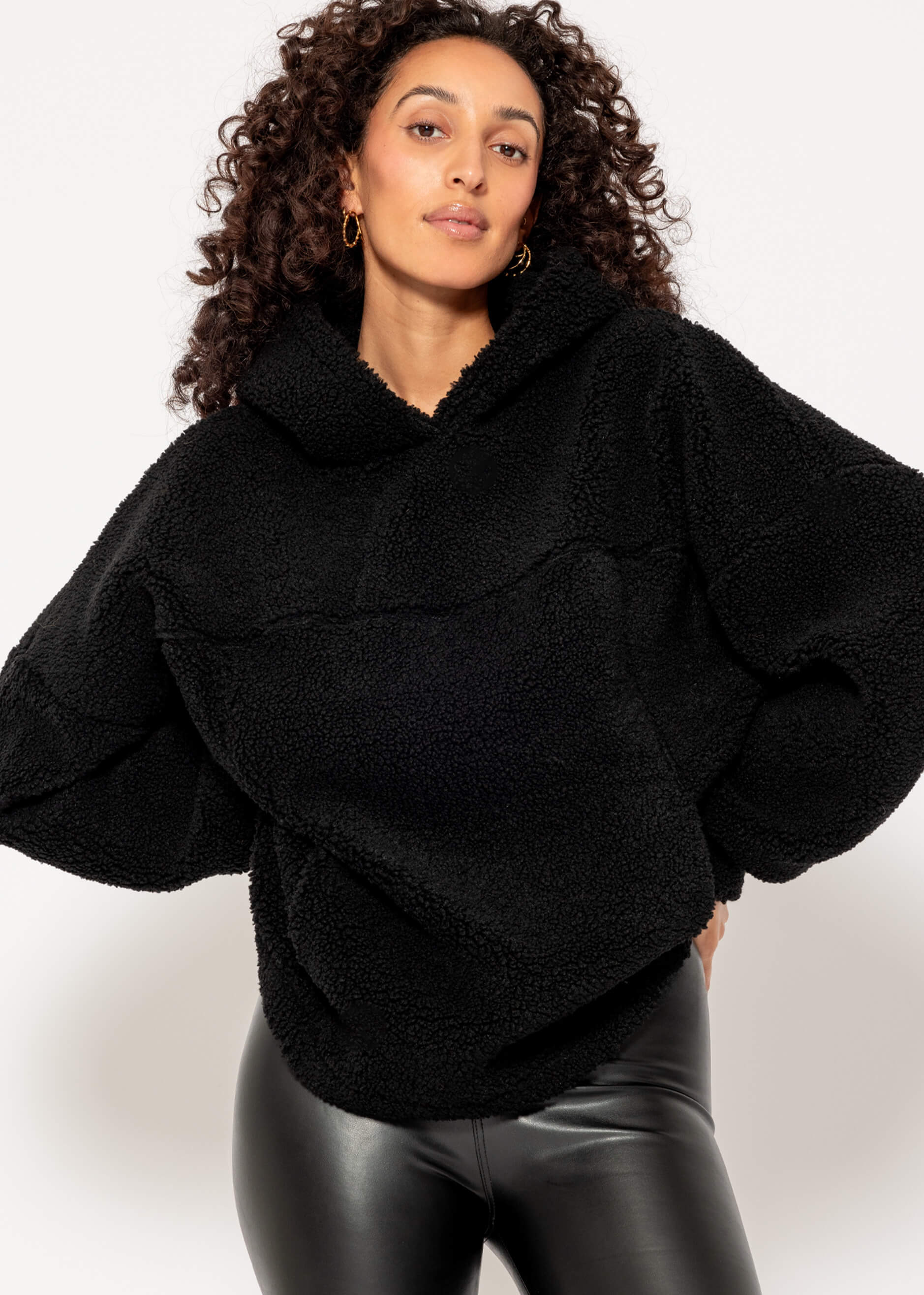 Oversized teddy sweatshirt with hood - black - Image 3