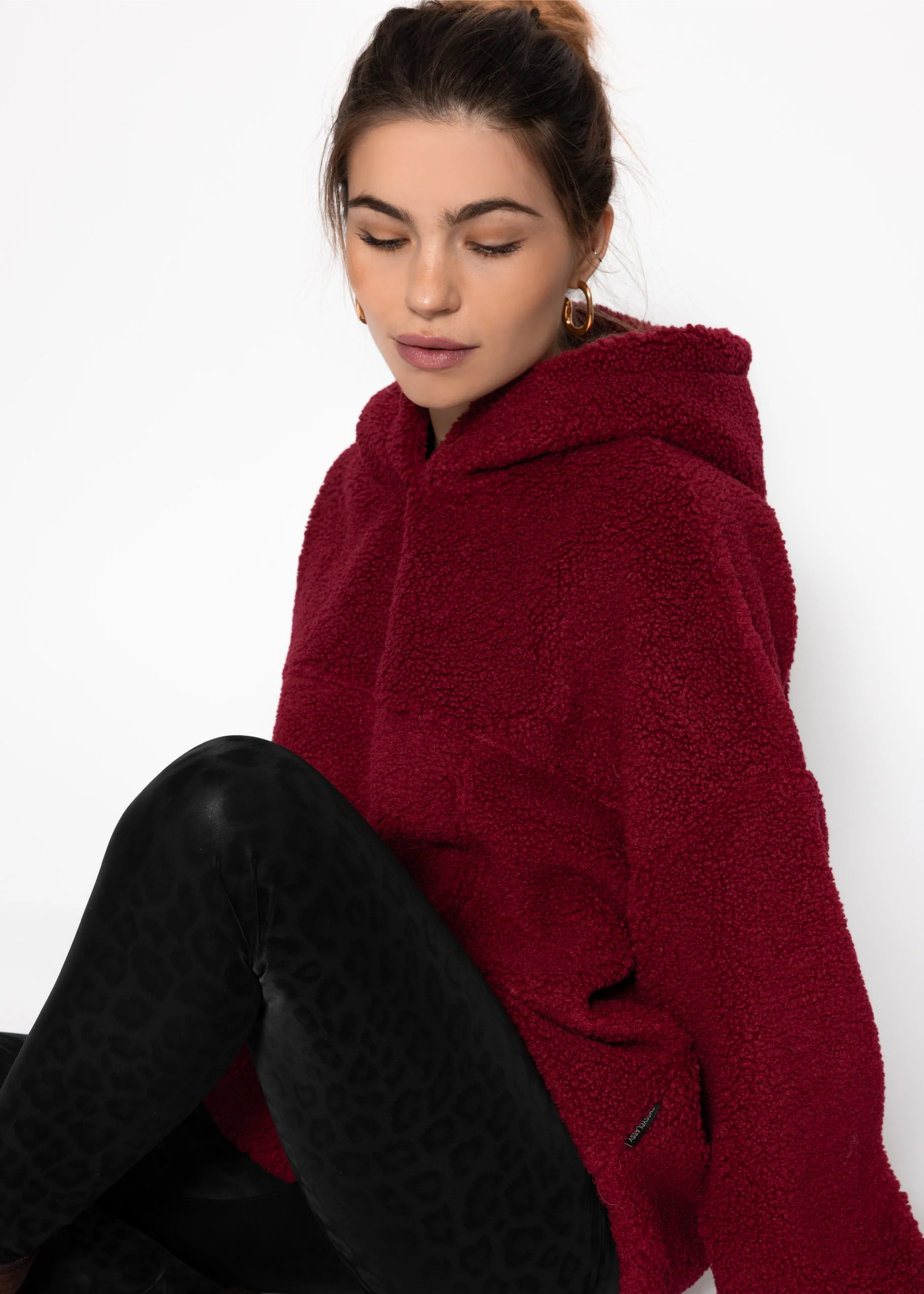 Oversized teddy sweatshirt with hood - wine red - Image 3