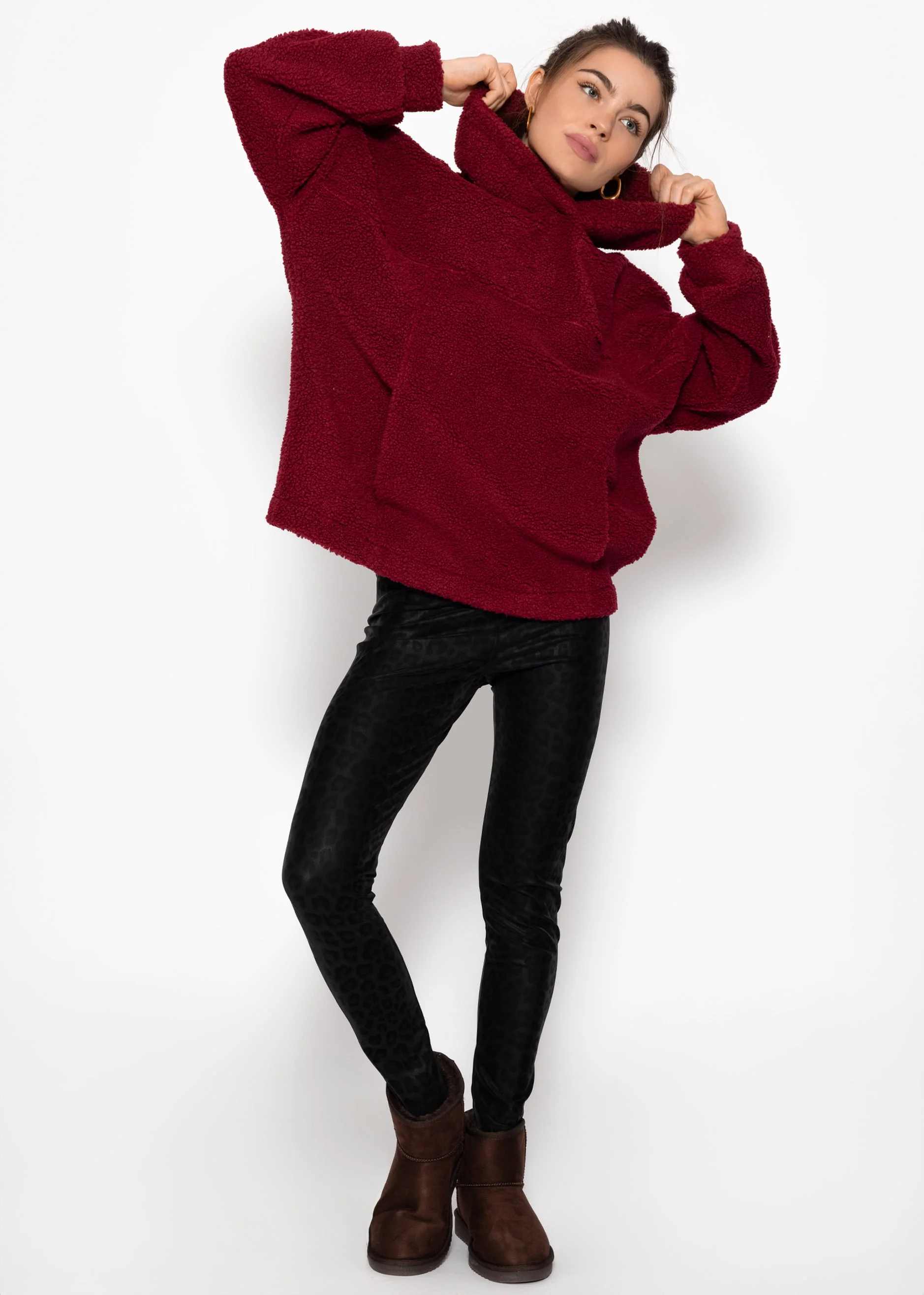 Oversized teddy sweatshirt with hood - wine red - Image 4