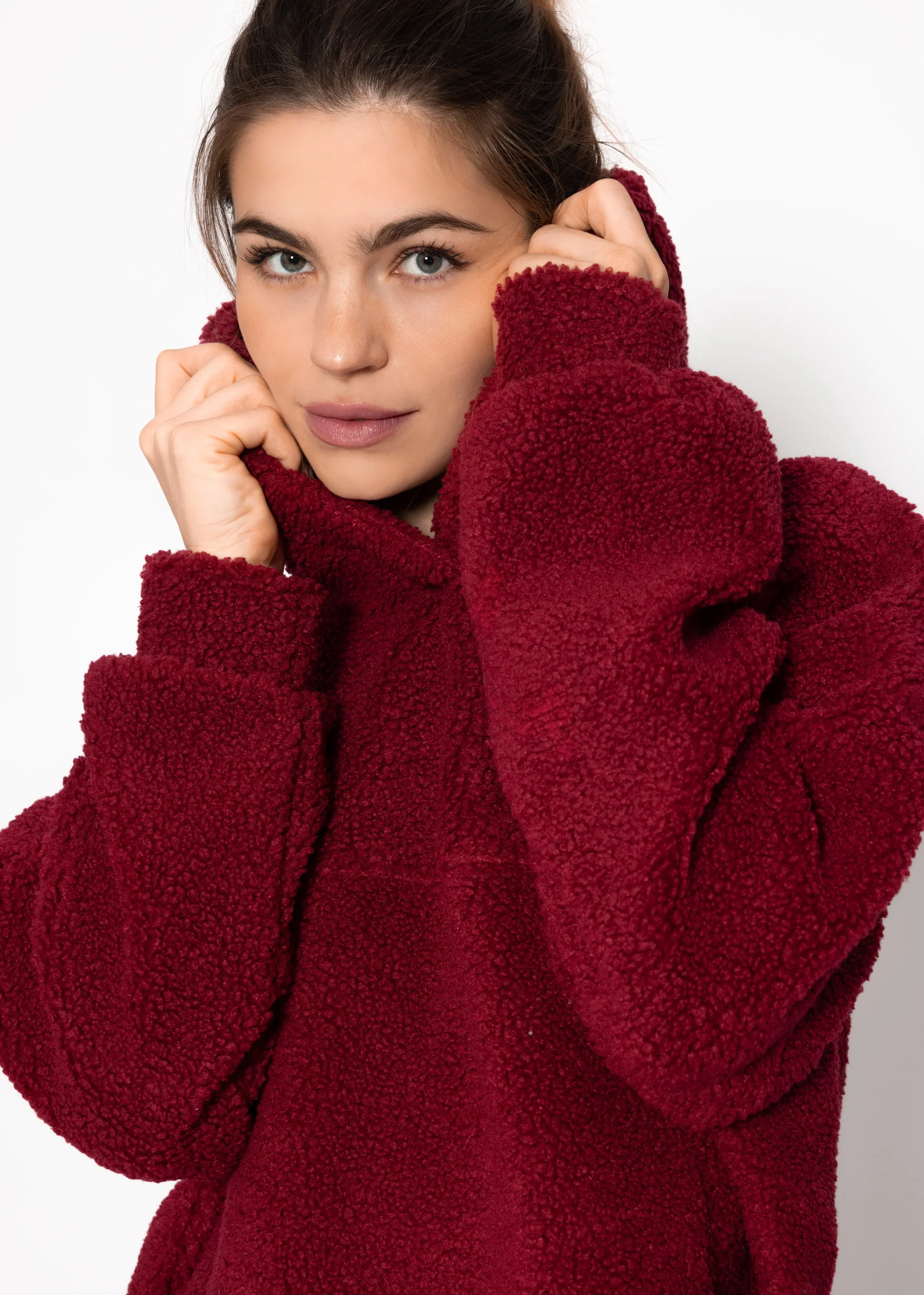 Oversized teddy sweatshirt with hood - wine red - Image 5