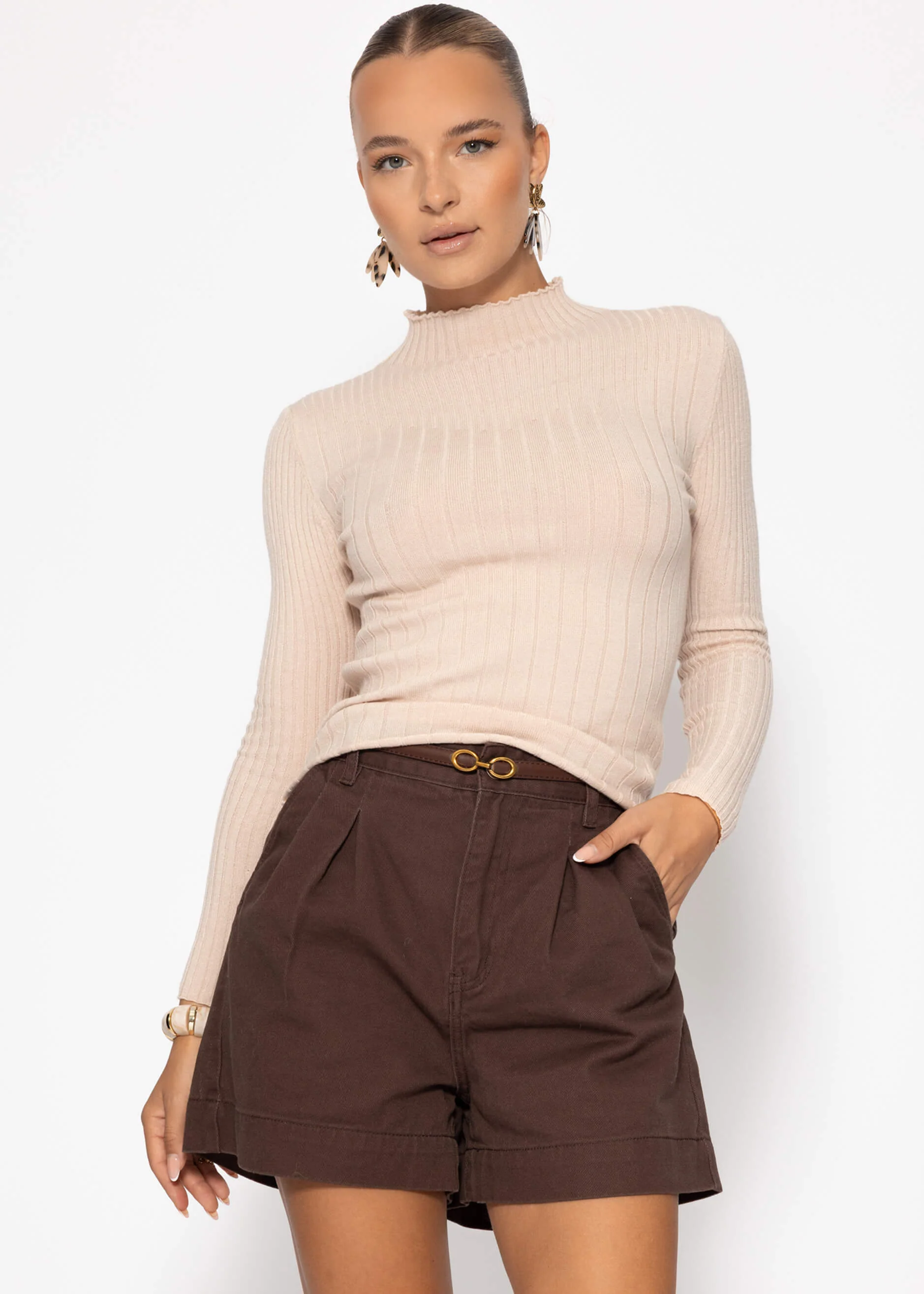 Rib knitting sweater with stand -up collar - beige - Image 3