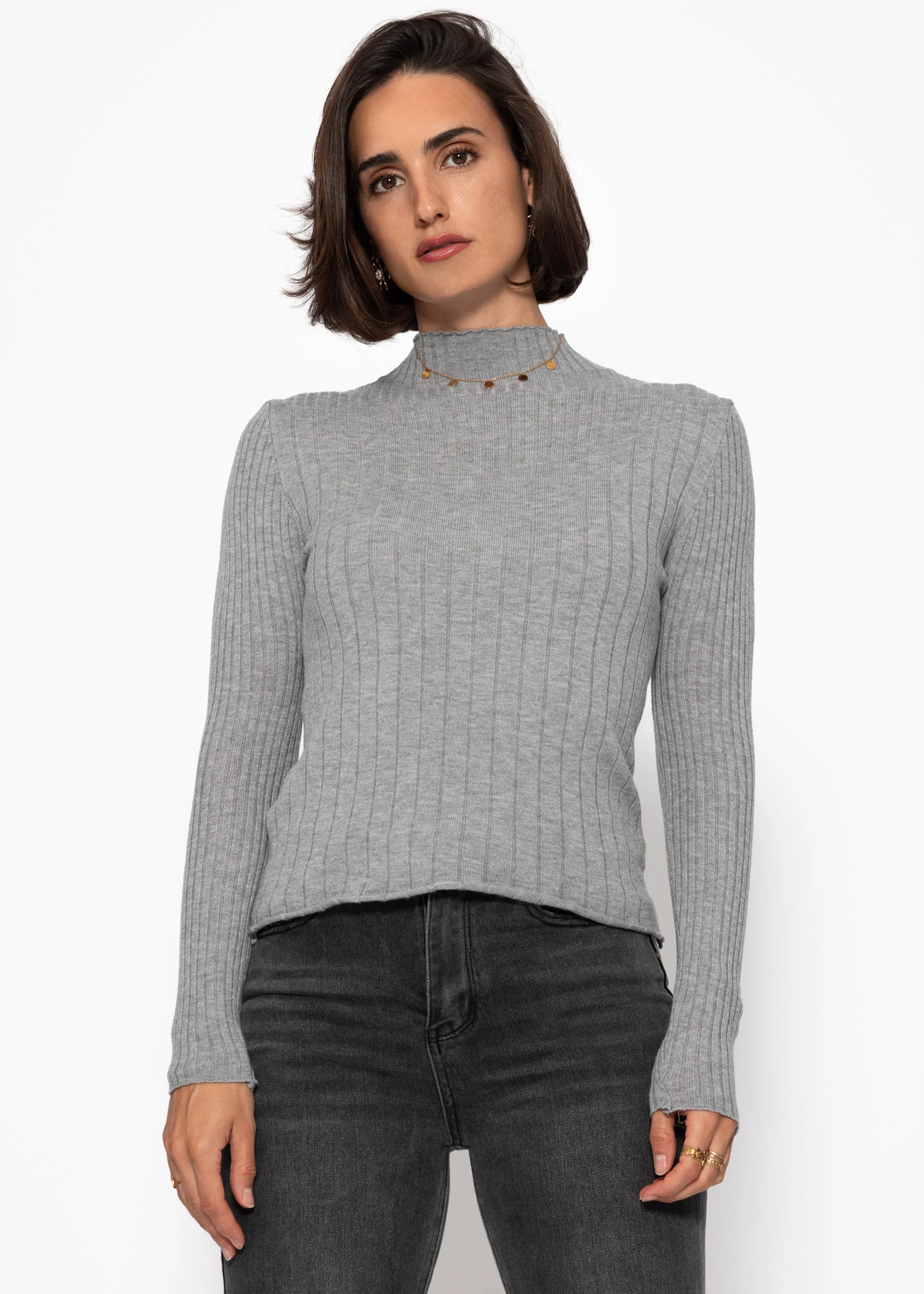 Rib knitting sweater with stand -up collar - gray - Image 3