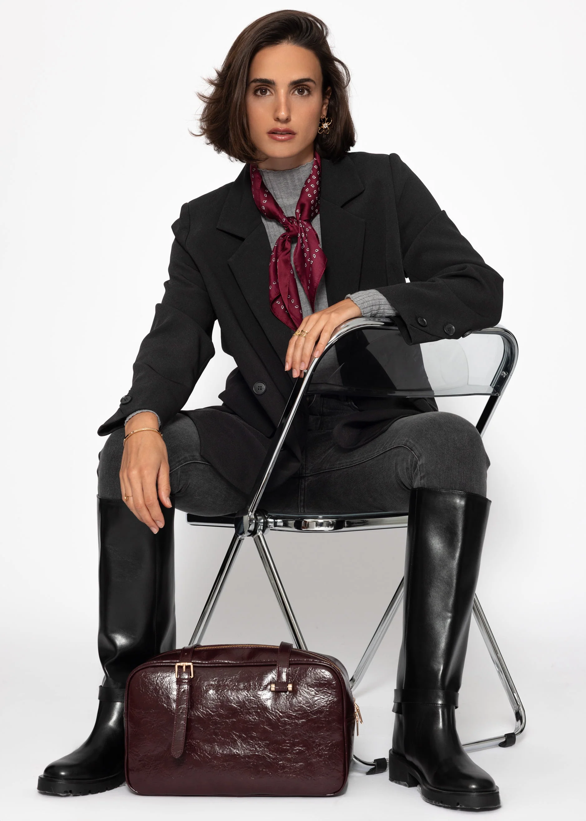 Rib knitting sweater with stand -up collar - gray - Image 4