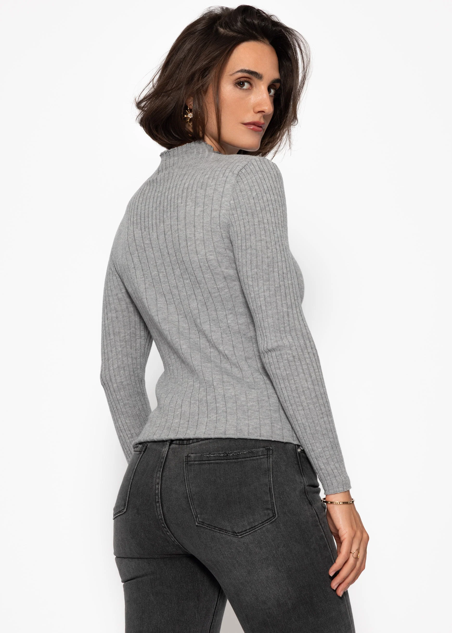 Rib knitting sweater with stand -up collar - gray - Image 6