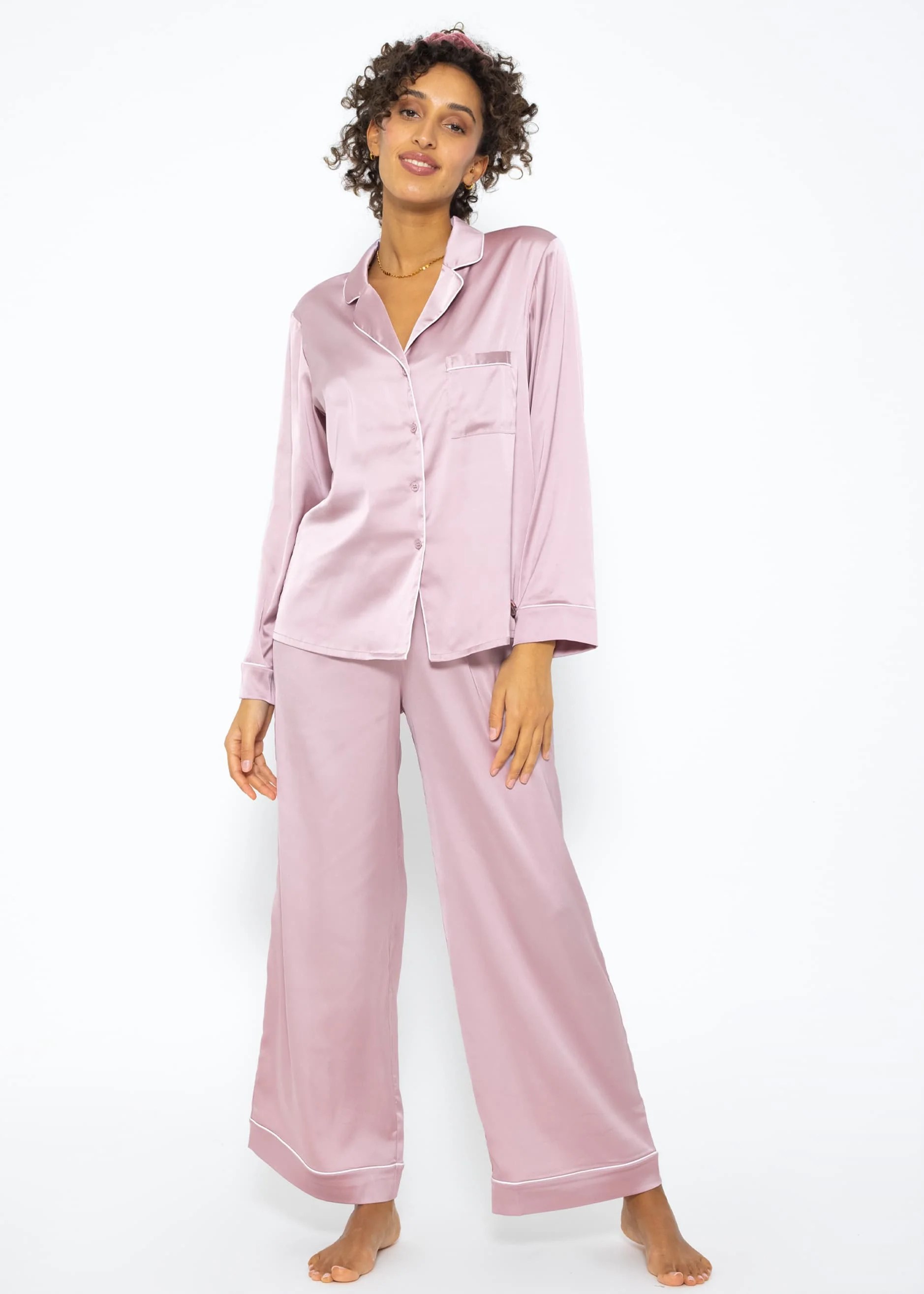 Satin pants with piping - pink - Image 4