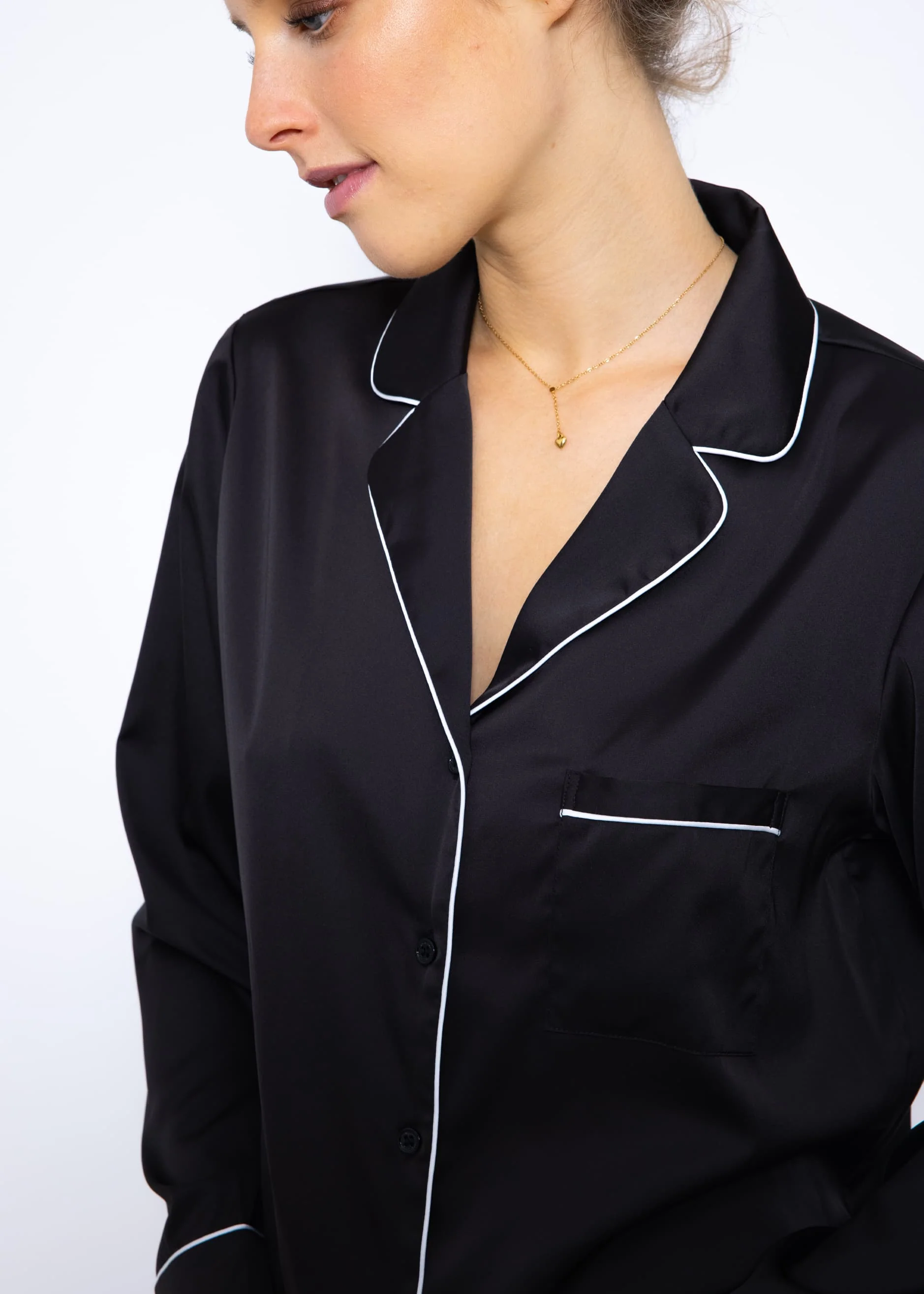 Satin pajama blouse with piping - black - Image 8
