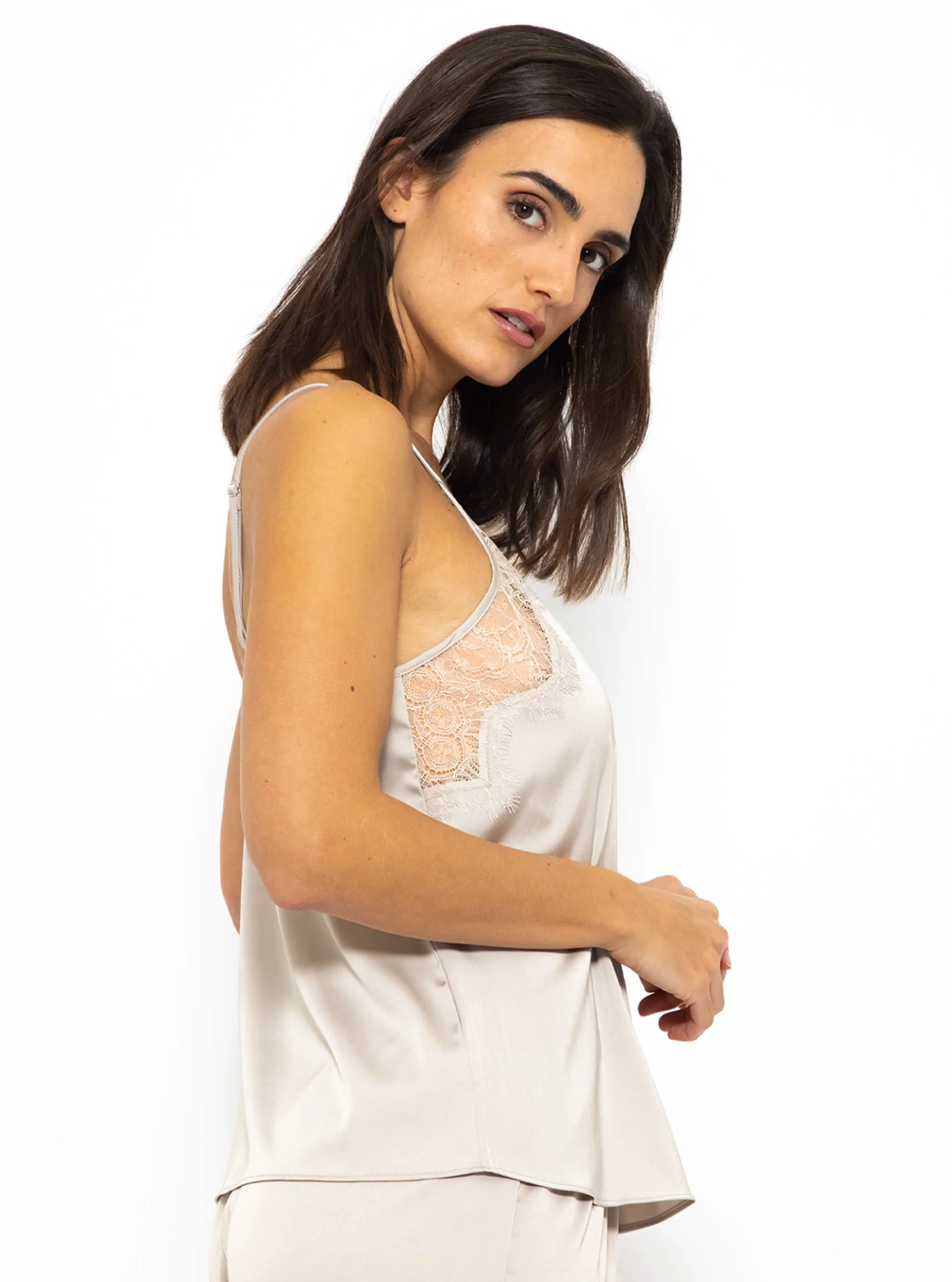 Satin pajama top with lace - champagne - Image 4