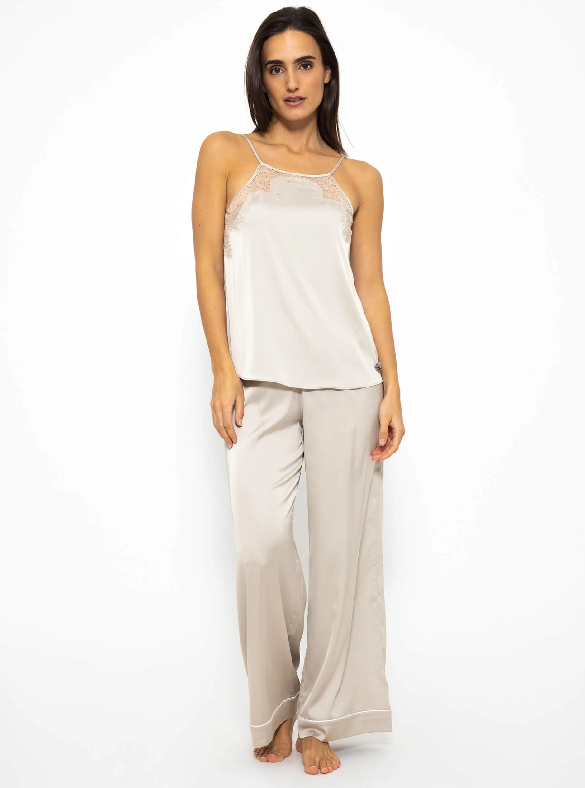 Satin pajama top with lace - champagne - Image 8