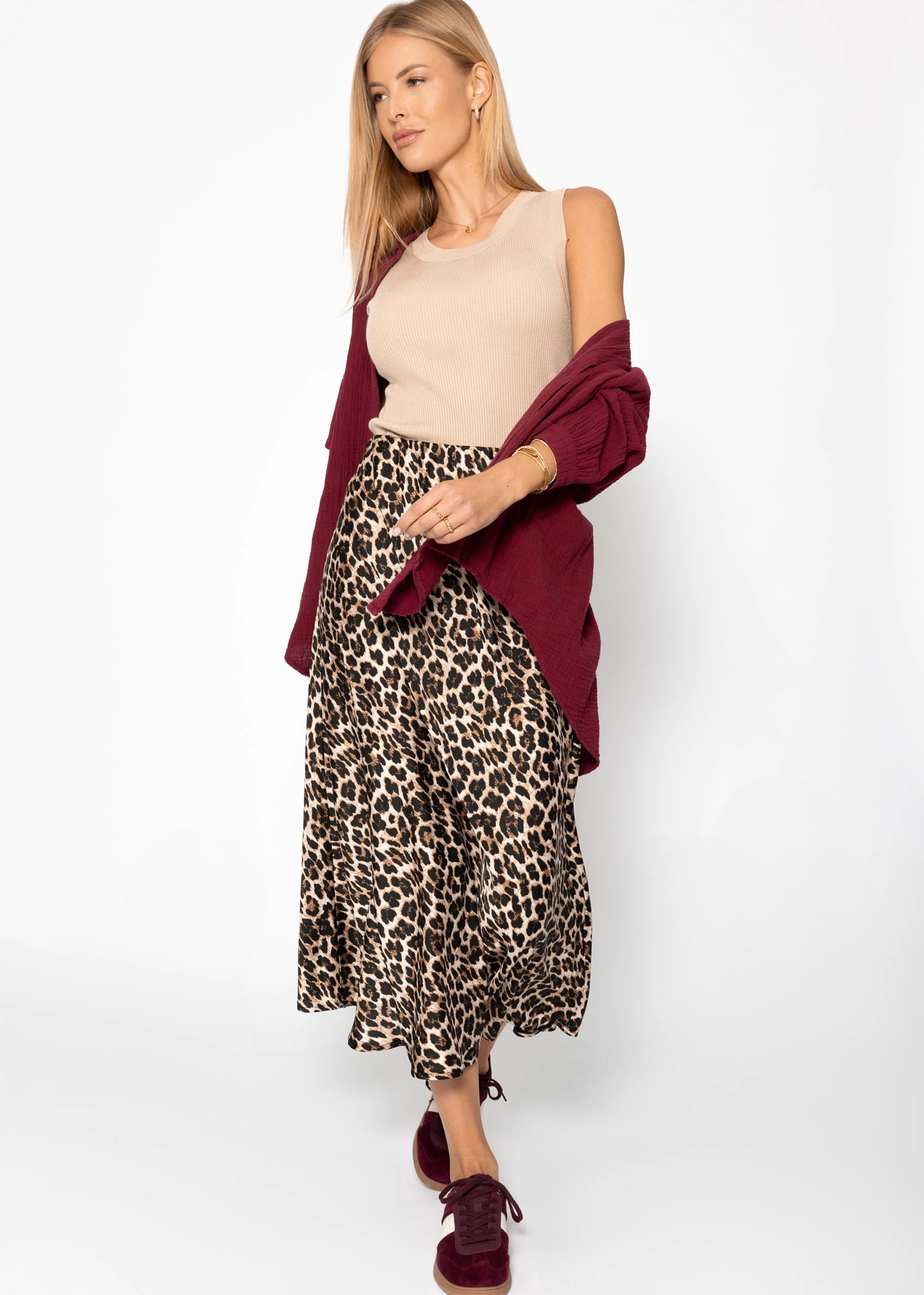 Satin skirt with leopard print, brown - Image 4